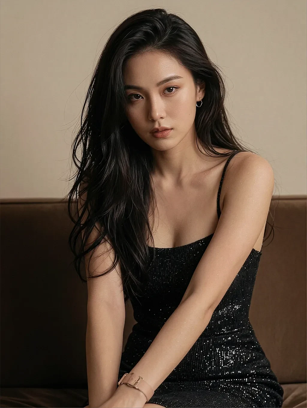 Fictional AI character in a black sequin slip dress, seated quietly on a leather sofa in low light