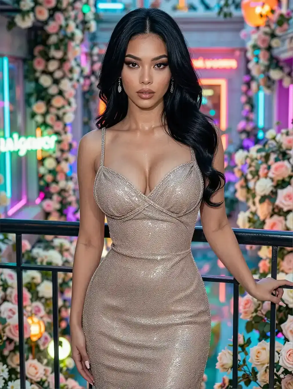 Fictional AI character in a champagne satin dress in front of a flower wall with a neon sign