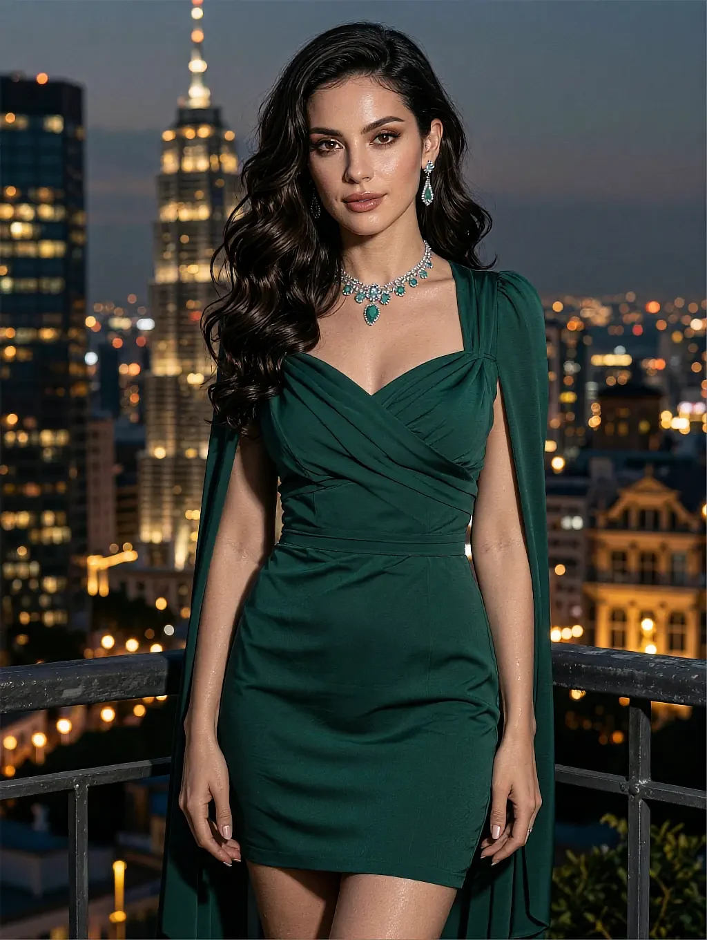 Fictional AI character in a green one-shoulder dress on a rooftop terrace, city towers lit behind her