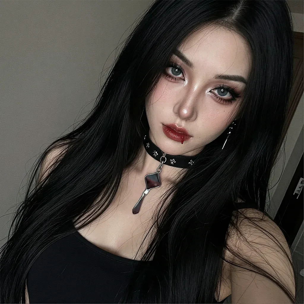 Pale fictional AI character with long black hair and a cross choker, lit against a dark room