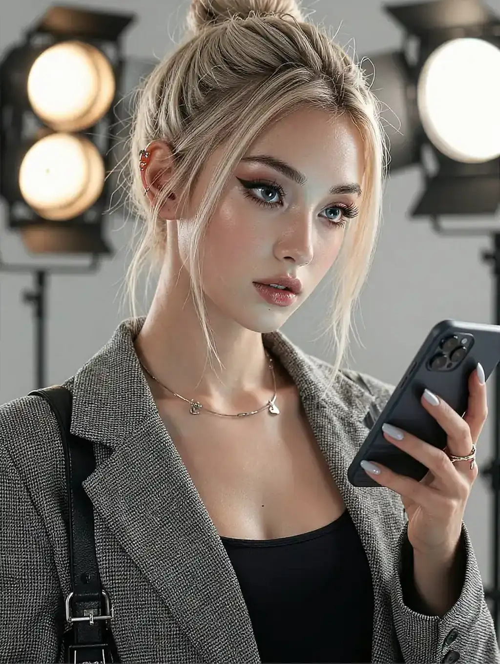 Blonde fictional AI character in a grey blazer holding a phone, a studio lamp glowing behind her