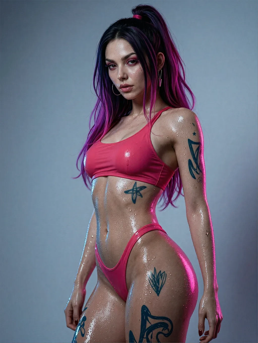 Fictional AI character with pink and violet hair and tattoos, wearing a translucent pink top