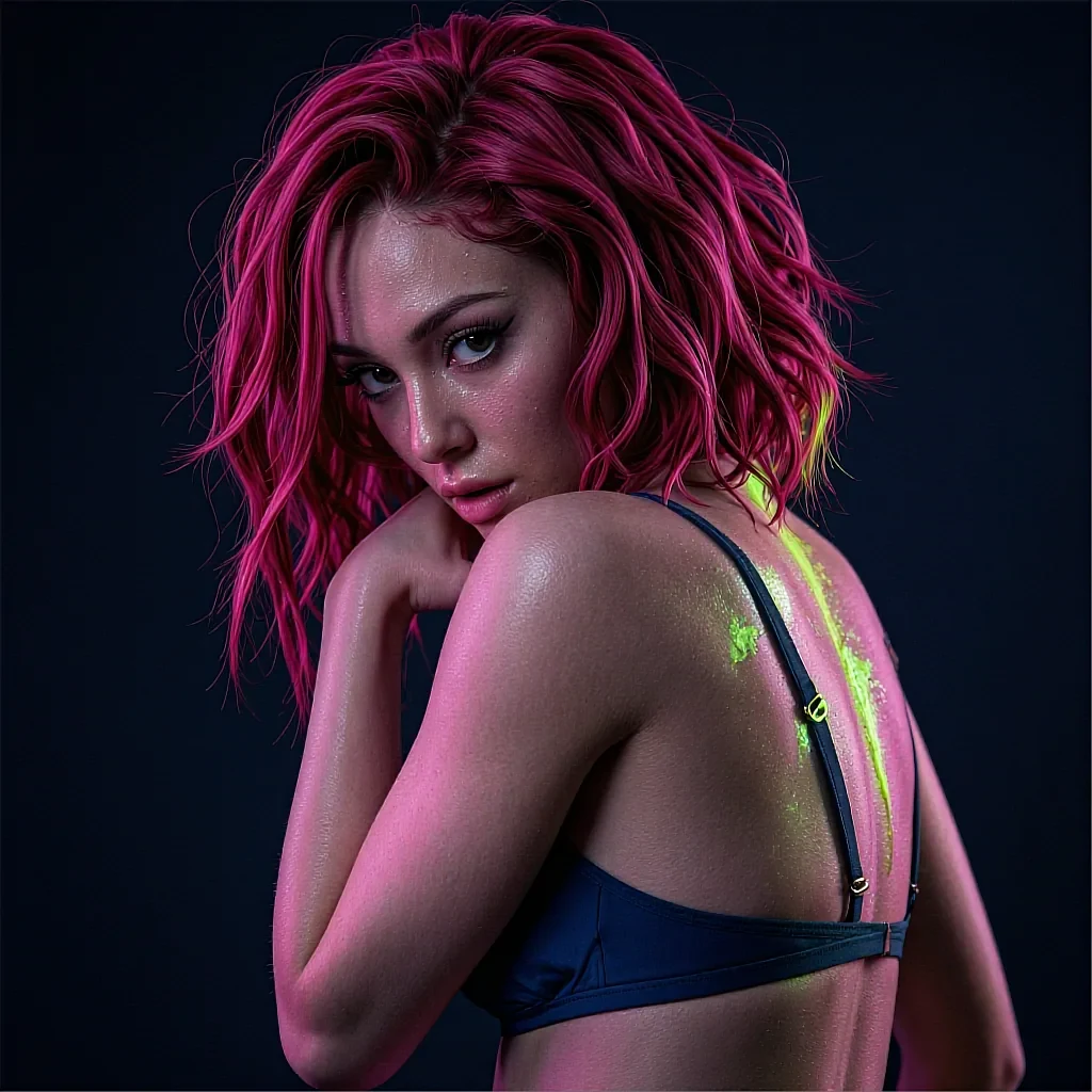 Fictional AI character with magenta hair glancing back over her bare shoulder, green paint streaked across her back